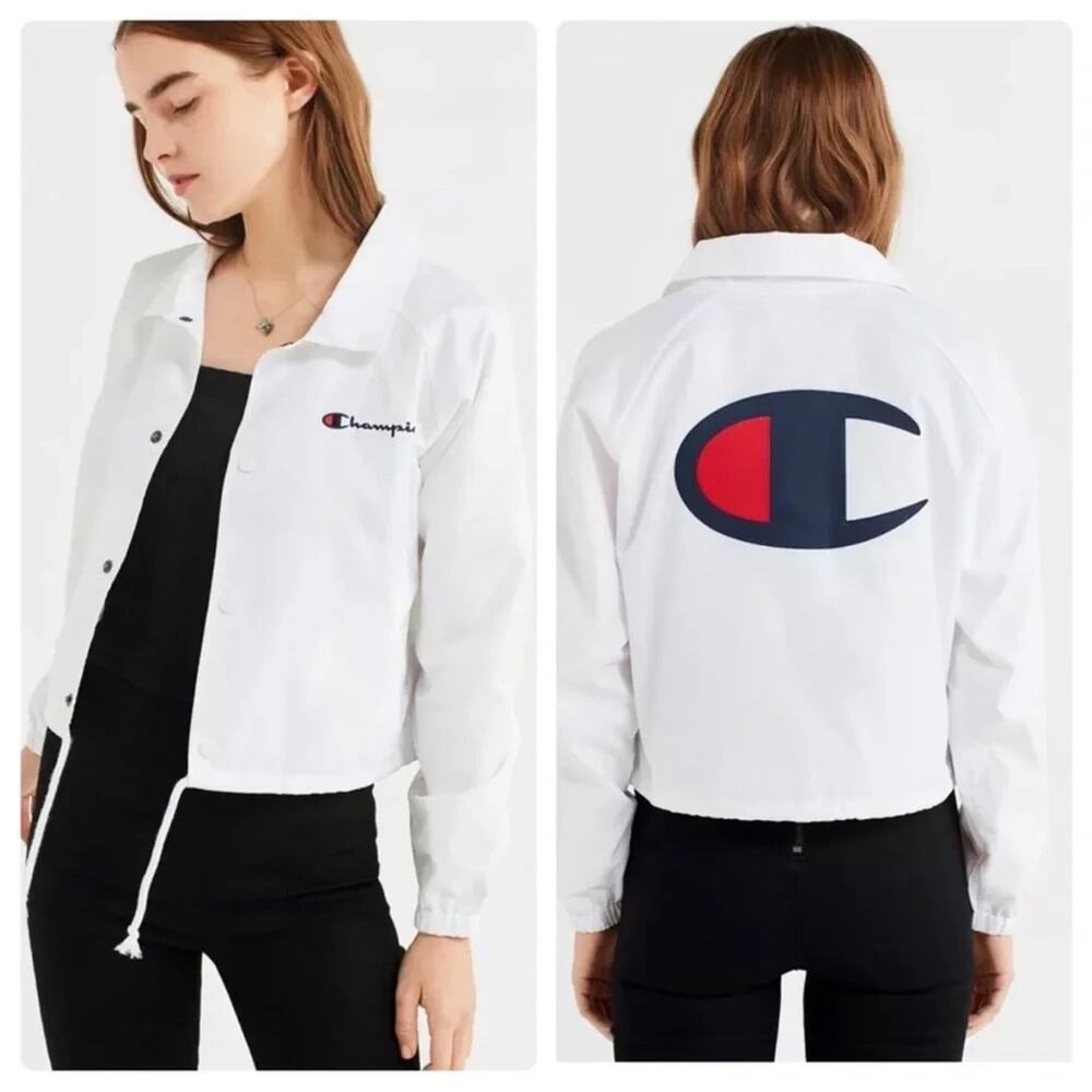 Champion Cropped Coach Jacket White Long Sleeve Logo Back Snap Front Pockets M